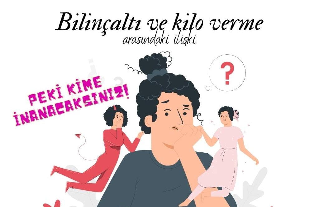 bilinçaltı ve kilo verme bağlantısında yaşanan kafa karışıklığını anlatan ilistrasyon çalışması