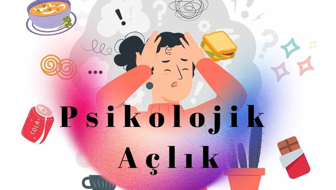 Psikolojik açlık. Etrafında bir sürü yemeğin olduğu ama sisli gri bir bulutun içinde kafasını tutan bir kadının ilistrasyon çalışması. gri bulutun arasında 'Psikolojik Açlık' yazıyor. En aşağıda merkezde yazarın internet sitesinin adı küçük puntolarla yazılmış www.yaseminsoysal.com