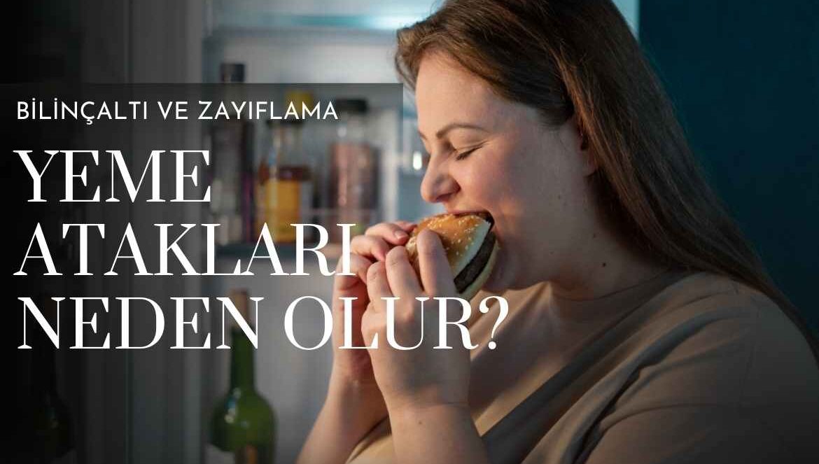 Yeme atakları neden olur? Kilolu bir bayan kapısı açık duran buzdolabının önünde, elinde kocaman bir hambuger var ve gözleri kapalı hamburgeri keyifle ısırıyor